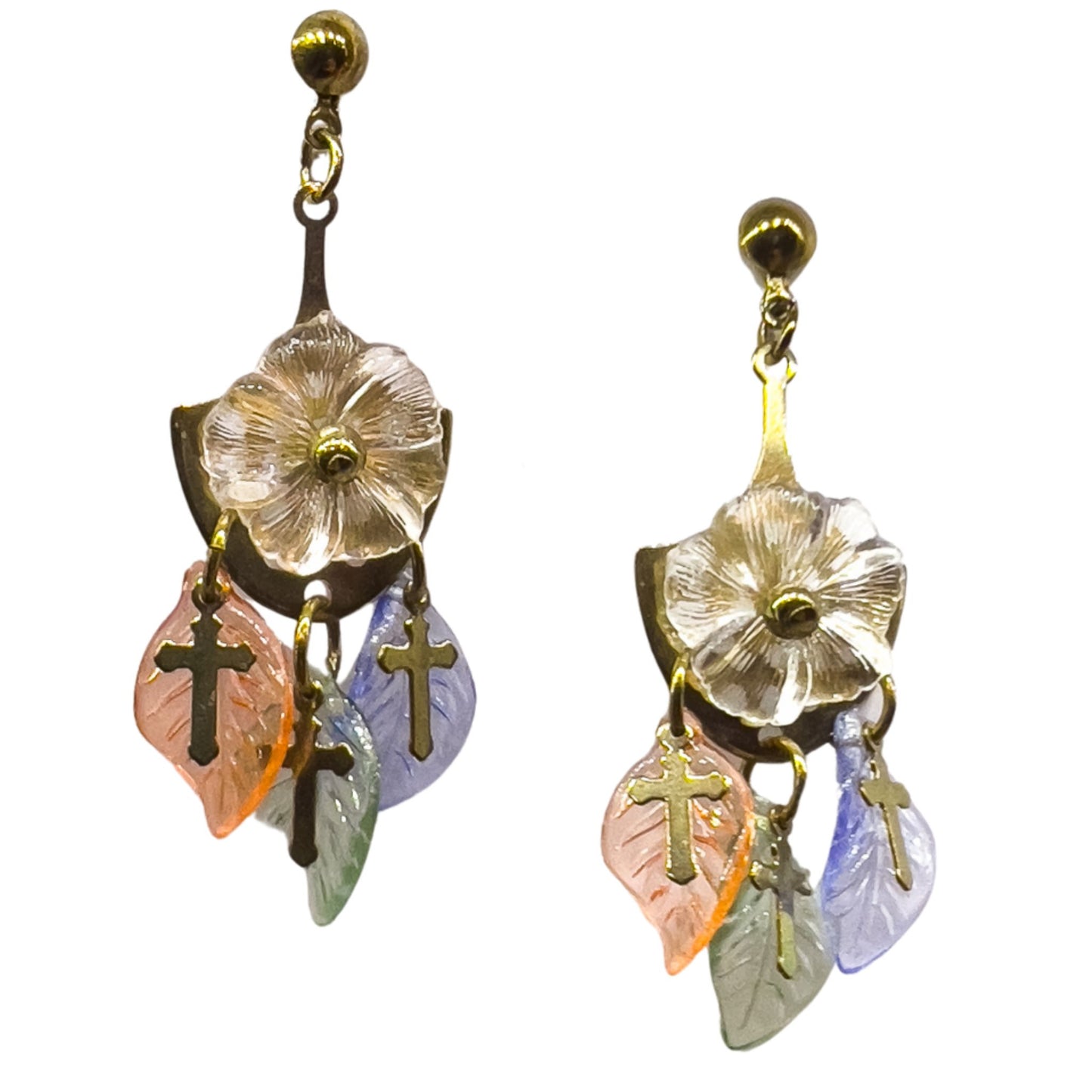 70s Gold Pastel Floral Cross Chandelier Earrings