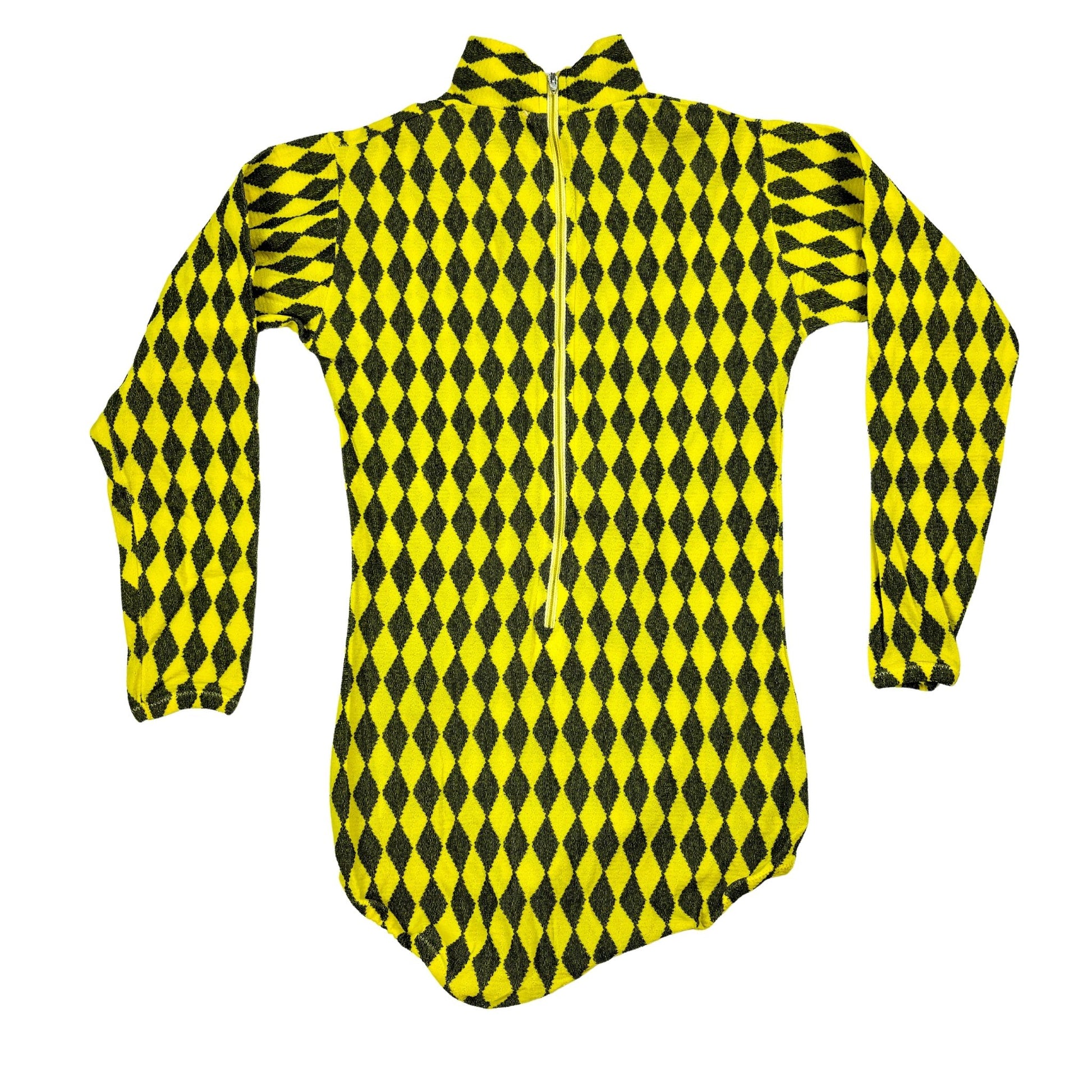 1970s Yellow Black Harlequin Long Sleeve Bodysuit Small