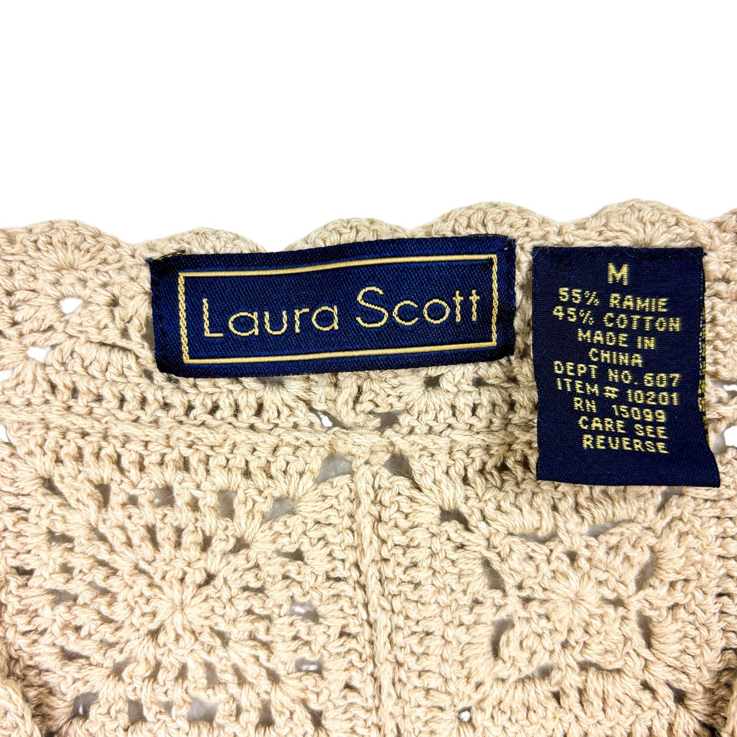 90s Beige Crochet Button Up Short Sleeve Top M