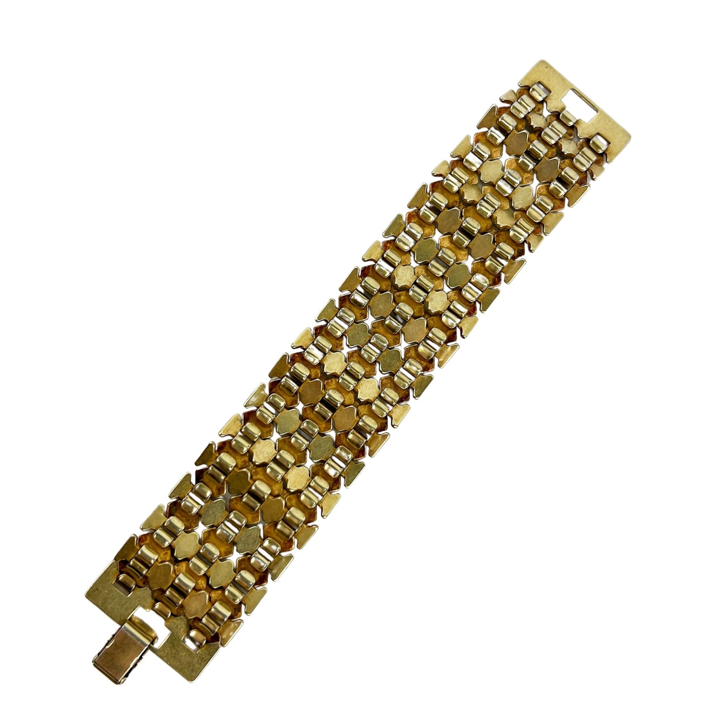 1970s Honeycomb Link Gold Bracelet Stone Cabachons
