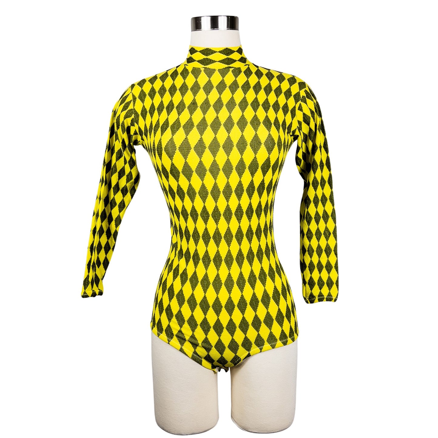 1970s Yellow Black Harlequin Long Sleeve Bodysuit Small
