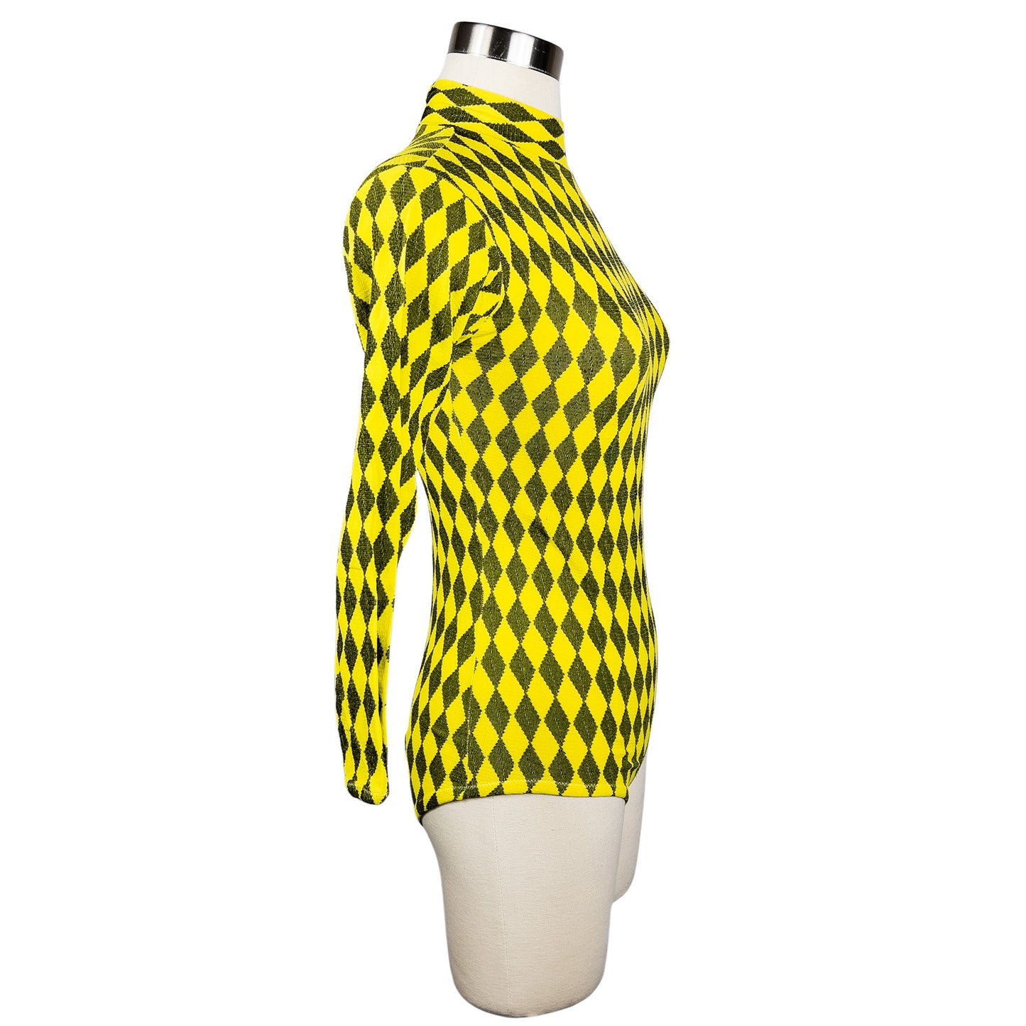 1970s Yellow Black Harlequin Long Sleeve Bodysuit Small