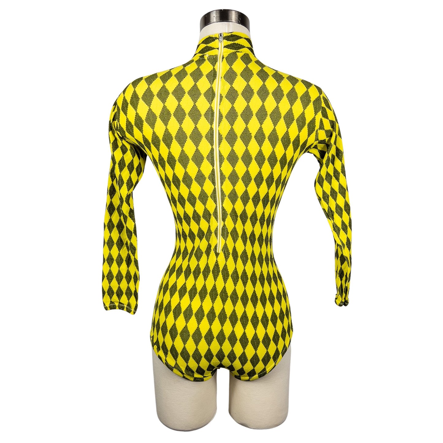 1970s Yellow Black Harlequin Long Sleeve Bodysuit Small