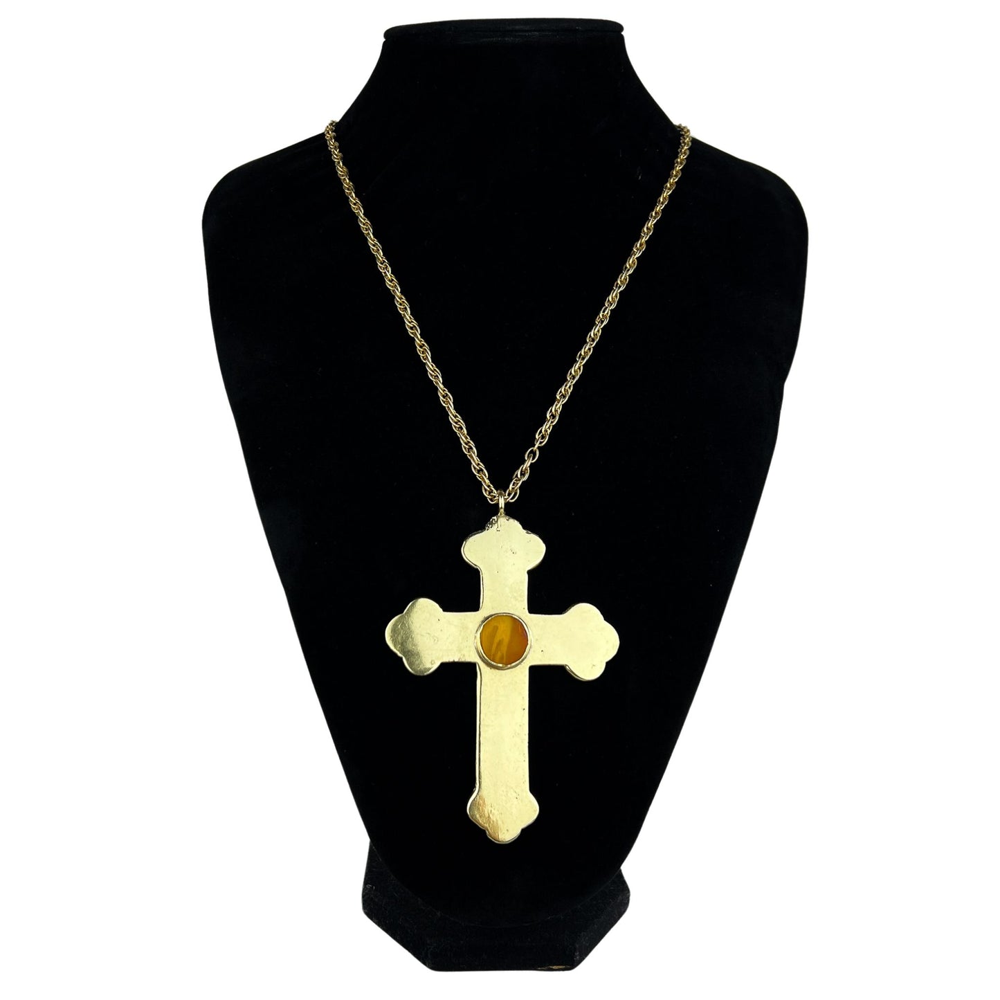 1970s Huge Gold Cross Necklace w/ Bakelite Center Designer Trika