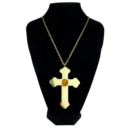 1970s Huge Gold Cross Necklace w/ Bakelite Center Designer Trika