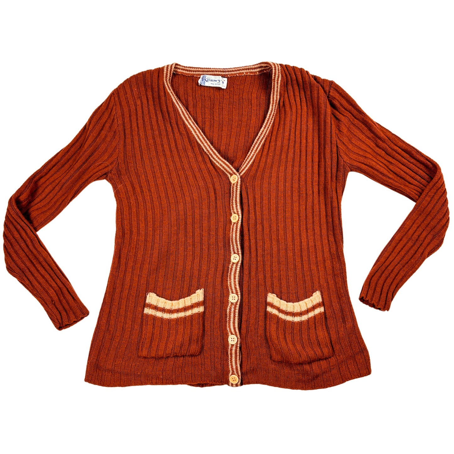 70s Burnt Orange Knit Cardigan Sweater with Pockets by Kenwyn S/M